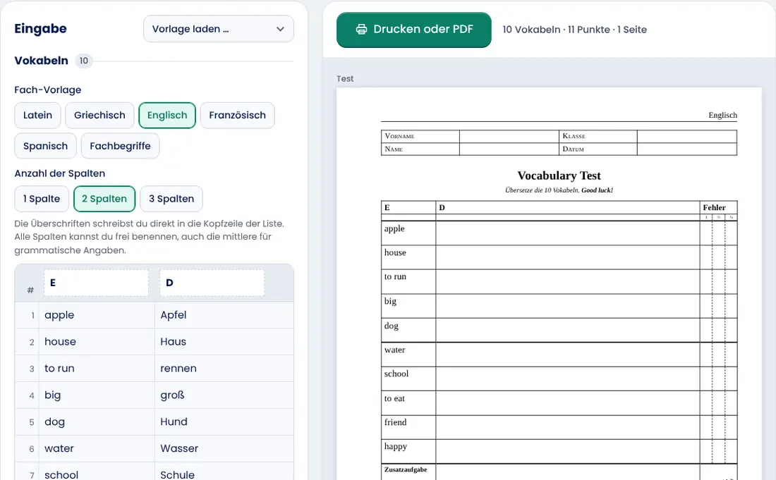 Bildschirmfoto: Vokabelblatt